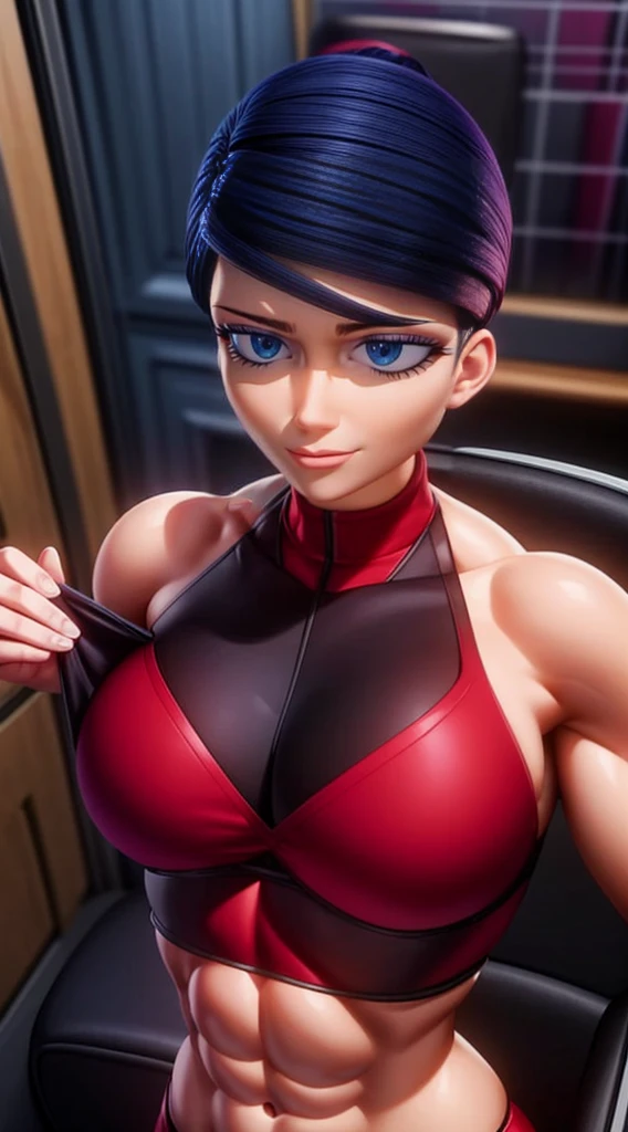 a muscular female bodybuilder in (( red bra inside (office suit) and her hair is (gradient of dark blue and red) from end to the right side of head)), detailed face, beautiful detailed eyes, beautiful detailed lips, ((extremely detailed face and muscles)), long eyelashes, strong muscles bulging through suit, dynamic pose, professional studio lighting, hyperrealistic, 8k, high quality, photorealistic, physically-based rendering, concept art, dramatic color palette,((abs)).