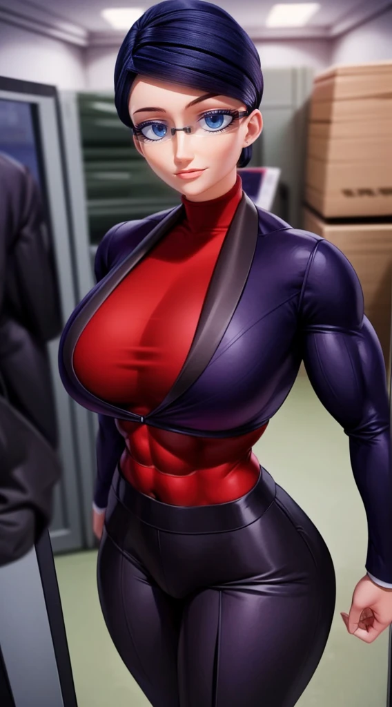 a muscular female bodybuilder in (( red bra inside (office suit) and her hair is (gradient of dark blue and red) from end to the right side of head)), detailed face, beautiful detailed eyes, beautiful detailed lips, ((extremely detailed face and muscles)), long eyelashes, strong muscles bulging through suit, dynamic pose, professional studio lighting, hyperrealistic, 8k, high quality, photorealistic, physically-based rendering, concept art, dramatic color palette,((abs)).