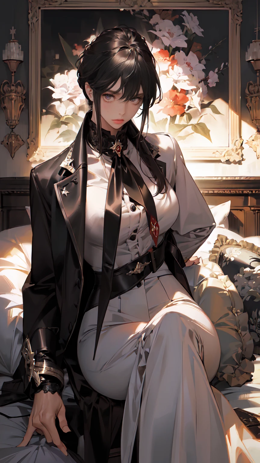 (Masterpiece, Best Quality, Ultra High Resolution , Digital Art,Beautiful and Aesthetic )Perfect proportions of the body especially the hands , not an ordinary perspective . .the whole body is covered by clothes. (strict posture , One Fashionable adult girl with a short oblique bob, slender figure, expressive and dominating look ) in modern men's suit in youth style , matte black color , lovely thin white but long tie , (silk thick threads of red color connect the necklines on the sides of the whole suit) , . The character sits on a large massive sofa with lots of leather and metal patterns on it in vintage style , an interesting and atmospheric pose that characterizes the character ,(Photorealistic style combined 2.5D . Realistic picture , realistic anatomy , beautiful perspective . Best image quality , depth , pastel color , Natural shading , focus on the face , Big Hair ( black with red gelding ) , well detailed eyes , detailed background in modern boudoir style . )