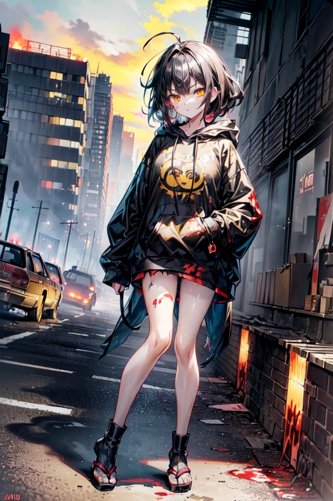 ((1 GIRL)) ((2d anime girl)), ((Japanese)) 18-year-old, ((2d anime girl)), ((dark-haired)), ((windswept hair)) ((ultra high quality)) ((4k UHD)) ((Best Quality)) ((Daytime)) ((yellow glowing eyes)), wearing a black hoodie sweatshirt with the slogan (("Kaiju")) in black letters and (((blood splattered))) on it and her face, standing in the street of a ((ruined city)) filled with ((heavily damaged)) and dilapidated (( tall skyscrapers on fire)) and ((crushed vehicles on fire)) and small fires all around and an ((angry)) ((Intimidating)) expression, ((angry face)), standing in a monstrous footprint in the ground.