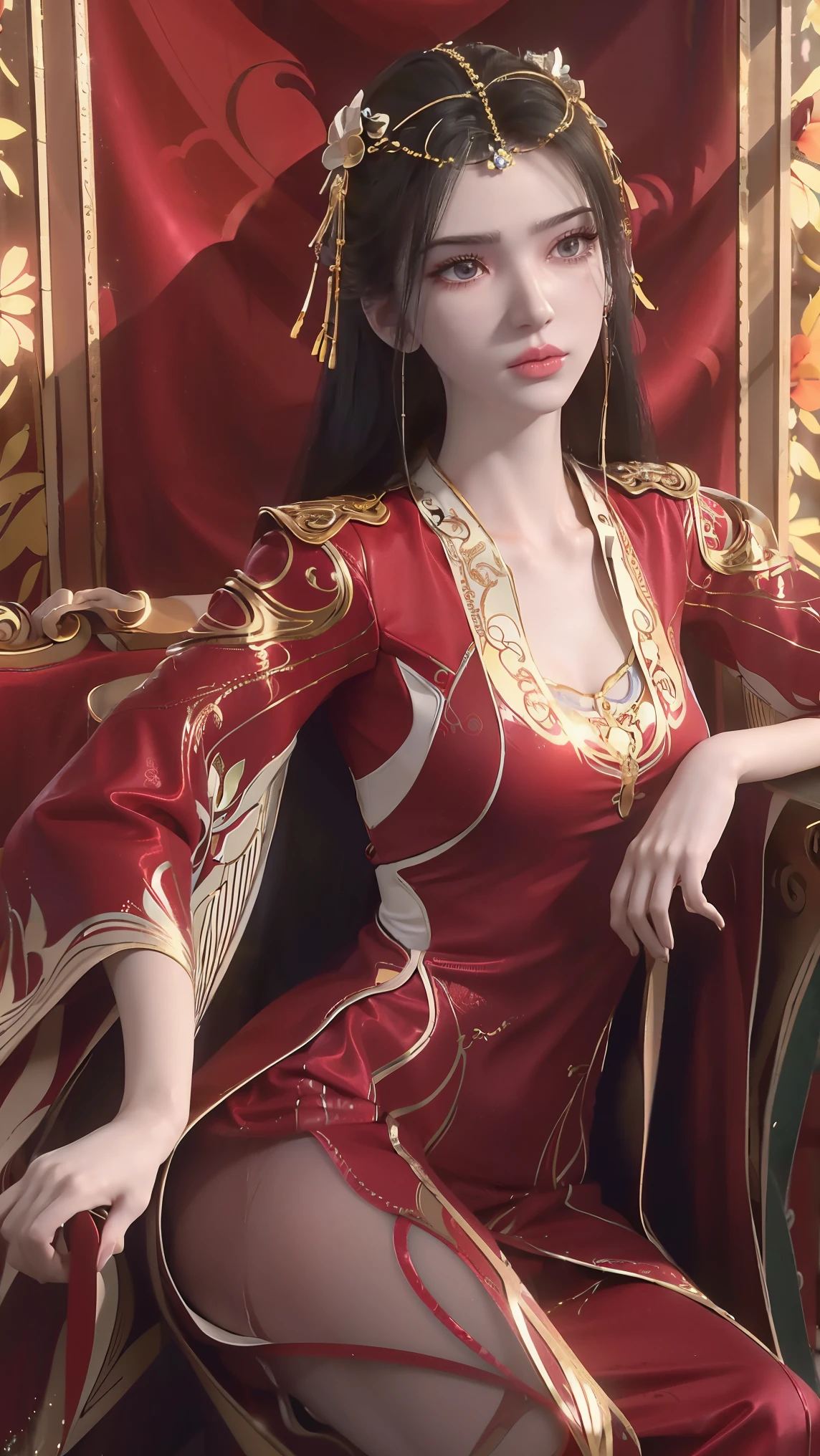 A beautiful young woman，Long hair，Wear red pajamas，Sitting on the bed，High heel，Wearing a dress，Side-lying，Cross-legged，Full body shot，(Best picture quality，4K,8K，high-definition，excellent work:1.2)，Ultra Detail，(Realistic，Realistic，Realistic:1.37)，Delicate eyes，Delicate lips，Extremely detailed face and eyes，Long eyelashes，Natural light，Warm colors，Soft Focus，，portrait，Chiaroscuro，Deep scene，Delicate eyes，Jade Hands，Clear fingers