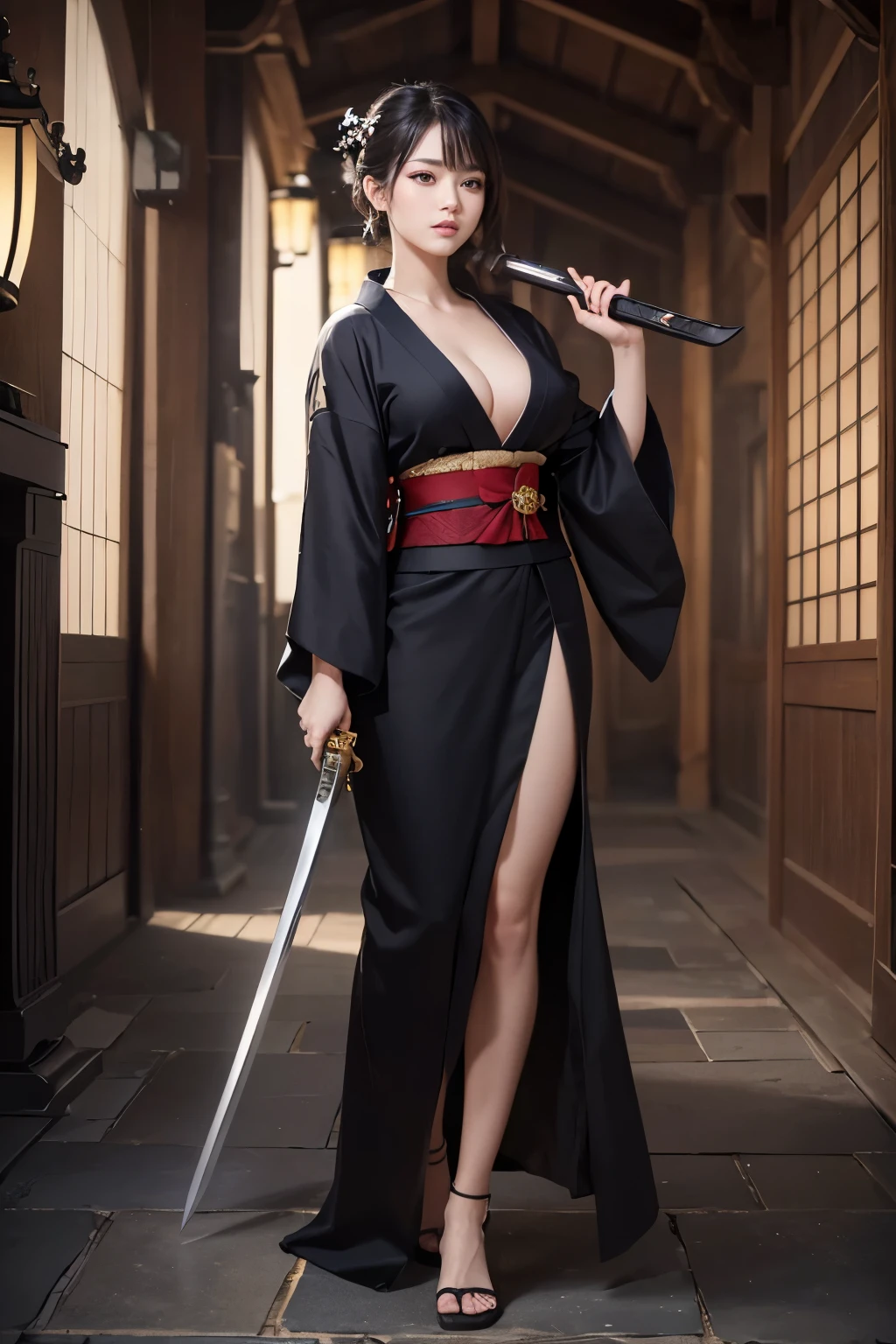 ((Highest quality, 8K, masterpiece)), Super detailed, Sharp focus, One beautiful woman, ((kimono)), (Cleavage), ((Holding a sword)), Highly detailed face and skin texture, ((Fine grain)), ((Beautiful dark eyes:1.2)), ((whole body))