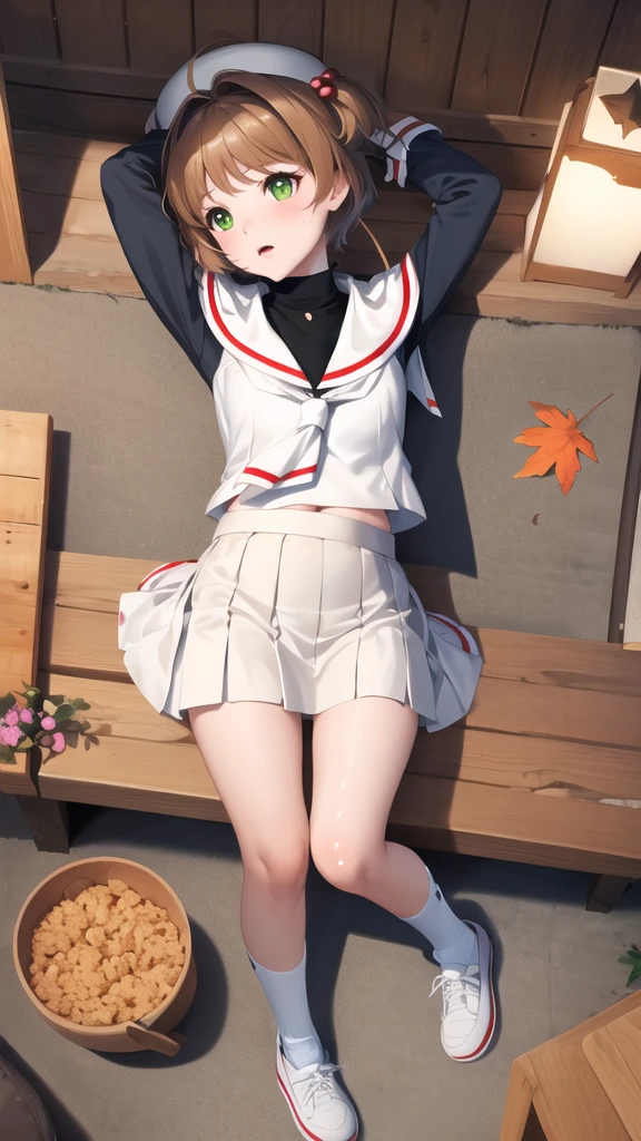 masterpiece, best quality, highres, kinomoto sakura, 1girl, brown hair, short hair, antenna hair, two side up, hair bobbles, green eyes, , white sailor collar, black shirt, long sleeves, white skirt, pleated skirt, sitting, eating, outdoors, bench, food, leaf, (masterpiece, best quality: 1.2),(very detailed face, real image, realistic skin, realistic body, intricate details),1 woman, Kinomoto Sakura, brown hair, alone, skirt, green eyes, Short hair, have, white skirt, white hat, Magic Girl, Antenna hair, laugh, serafuku, pleated skirt, dehisce, looking at viewer, cowboy shot, long sleeves, star (symbol), muffler, lie down in bed with both arms extended above the head and placed behind the pillow, anime girl lying down, expose plump breasts, whole body, plump thighs, Natural Pose, beautifully, cute, Fix errors without any awkwardness, tall, I have long legs, Wearing (tomoeda_초등school_school_Uniform),black top, tennis mini skirt,cry in shame, wearing white ankle socks, random sexy poses