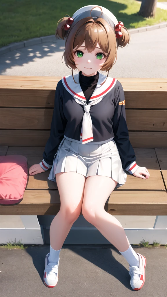 masterpiece, best quality, highres, kinomoto sakura, 1girl, brown hair, short hair, antenna hair, two side up, hair bobbles, green eyes, , white sailor collar, black shirt, long sleeves, white skirt, pleated skirt, sitting, eating, outdoors, bench, food, leaf, (masterpiece, best quality: 1.2),(very detailed face, real image, realistic skin, realistic body, intricate details),1 woman, Kinomoto Sakura, brown hair, alone, skirt, green eyes, Short hair, have, white skirt, white hat, Magic Girl, Antenna hair, laugh, serafuku, pleated skirt, dehisce, looking at viewer, cowboy shot, long sleeves, star (symbol), muffler, lie down in bed with both arms extended above the head and placed behind the pillow, anime girl lying down, expose plump breasts, whole body, plump thighs, Natural Pose, beautifully, cute, Fix errors without any awkwardness, tall, I have long legs, Wearing (tomoeda_초등school_school_Uniform),black top, tennis mini skirt,cry in shame, wearing white ankle socks, random sexy poses