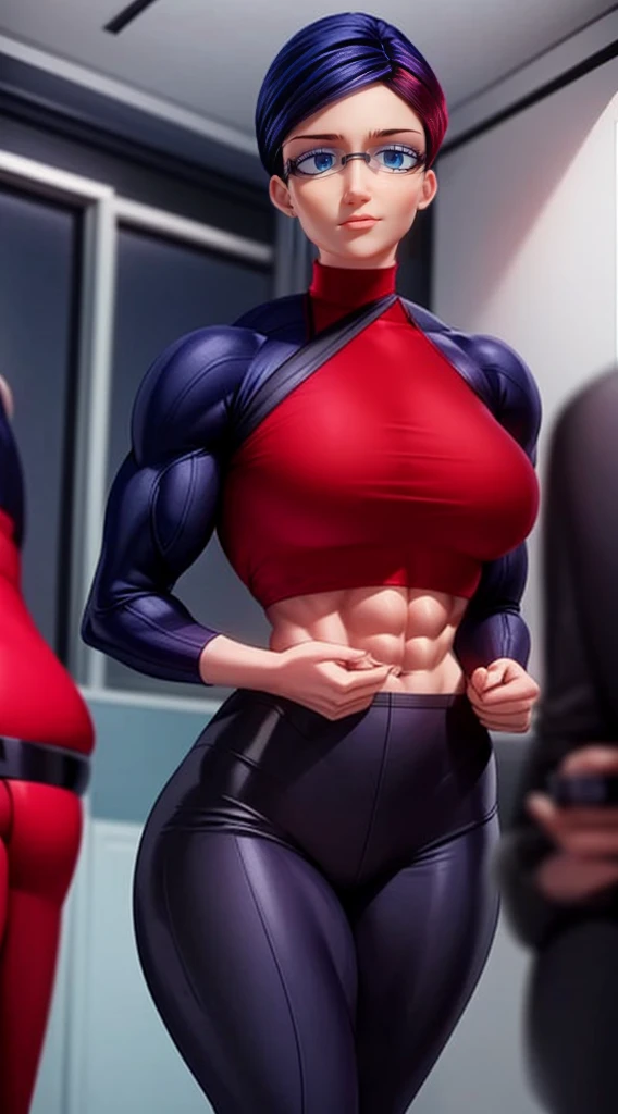 a muscular female bodybuilder in (( red bra inside (office suit) and her hair is (gradient of dark blue and red) from end to the right side of head)), detailed face, beautiful detailed eyes, beautiful detailed lips, ((extremely detailed face and muscles)), long eyelashes, strong muscles bulging through suit, dynamic pose, professional studio lighting, hyperrealistic, 8k, high quality, photorealistic, physically-based rendering, concept art, dramatic color palette,((abs)).
