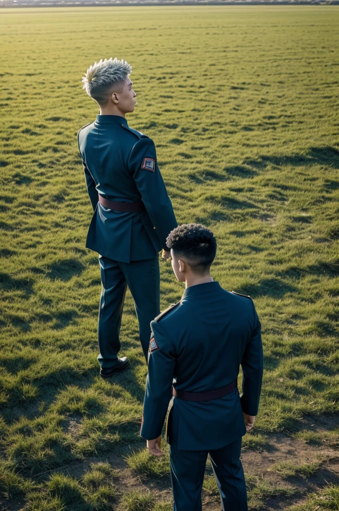 (cheered up, cheered up Art Style:1.2) Allen, , 15 years, Dressed in jujutsu kaisen uniform, Field, Sun light, (looking away:1.5),blue sky,Various movements,from below