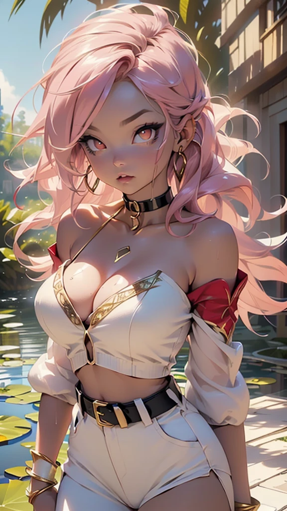 (((Android-21 from Dragon Ball Z))),Android 21 majin,girl,(((1girl))),mature girl,

(((tail))),(large breasts:1.4),saggy breasts,(((light pink hair,spiked hair,long hair,messy hair)),(((black sclera,colored sclera,red_eyes:1.3))),intricate eyes,beautiful detailed eyes,symmetrical eyes,big eyes:1.3,((fat)),(((colored skin:1.2,pink skin:1.2,lustrous skin:1.5,bright skin: 1.5,skin tanned,shiny skin,very shiny skin,shiny body,plastic glitter skin,exaggerated shiny skin,illuminated skin,wet legs))),(bimbo body,spider lower abdomen,narrow waist,wide hip,athletic body,inflated legs, thick thighs,detailed body,(detailed face)),big ass, thick thighs, slim curves, good anatomy,thick legs,

cute,slutty,seductive,erotic,(nsfw),

(((black tube top, dark tube top))),((detached sleeves, black sleeves)),(earrings,hoop earrings),(navel,midriff),((white genie pants:1.3,white Aladdin pants,Thai pants)),((golden bracelets,golden choker:1.2,gold belt:1.3)),((huge cleavage)),

(dynamic pose:1.0),solo focus,,(centered,scale to fit dimensions,Rule of thirds),

outdoors,(Arab palace,Arab palace background,pyramids in the background),scenery,(oasis,oasis background),extremely scenery,(puddles everywhere,moss,moss on the background),clouds,Arab style,Arab castle,lily pads,palms,reeds,(sunset, golden hour),

(Glossy Arab ornaments),highres,sharp focus,(ultra detailed,extremely detailed),(photorealistic artwork:1.37),(extremely detailed CG unity 8k wallpaper),(((vibrant colors,vibrant theme))),(intricate),(masterpiece),(best quality),artistic photography,(photography taken by sldr),(intricate background),perfect rendered face,perfect face details,realistic face,photo realistic,((intricate detail)),(((realism))),
