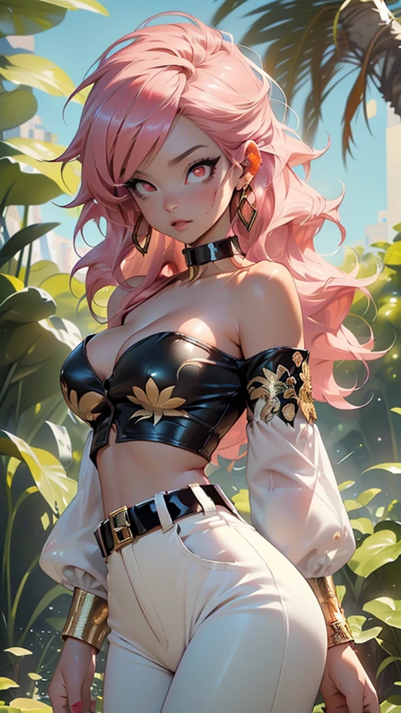 (((Android-21 from Dragon Ball Z))),Android 21 majin,girl,(((1girl))),mature girl,
(((tail))),(large breasts:1.4),saggy breasts,(((light pink hair,spiked hair,long hair,messy hair)),(((black sclera,colored sclera,red_eyes:1.3))),intricate eyes,beautiful detailed eyes,symmetrical eyes,big eyes:1.3,((fat)),(((colored skin:1.2,pink skin:1.2,lustrous skin:1.5,bright skin: 1.5,skin tanned,shiny skin,very shiny skin,shiny body,plastic glitter skin,exaggerated shiny skin,illuminated skin,wet legs))),(bimbo body,spider lower abdomen,narrow waist,wide hip,athletic body,inflated legs, thick thighs,detailed body,(detailed face)),big ass, thick thighs, slim curves, good anatomy,thick legs,
cute,slutty,seductive,erotic,(nsfw),
(((black tube top, dark tube top))),((detached sleeves, black sleeves)),(earrings,hoop earrings),(navel,midriff),((white genie pants:1.3,white Aladdin pants,Thai pants)),((golden bracelets,golden choker:1.2,gold belt:1.3)),((huge cleavage)),
(dynamic pose:1.0),solo focus,,(centered,scale to fit dimensions,Rule of thirds),
outdoors,(Arab palace,Arab palace background,pyramids in the background),scenery,(oasis,oasis background),extremely scenery,(puddles everywhere,moss,moss on the background),clouds,Arab style,Arab castle,lily pads,palms,reeds,(sunset, golden hour),
(Glossy Arab ornaments),highres,sharp focus,(ultra detailed,extremely detailed),(photorealistic artwork:1.37),(extremely detailed CG unity 8k wallpaper),(((vibrant colors,vibrant theme))),(intricate),(masterpiece),(best quality),artistic photography,(photography taken by sldr),(intricate background),perfect rendered face,perfect face details,realistic face,photo realistic,((intricate detail)),(((realism))),