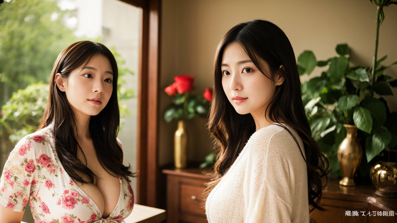 Ultra-realistic、High resolution、High resolution8Kフォトリアリスティック画像。Scenes of Japanese sisters who look completely different。My sister is big, Beautiful Face, Long black hair.、Kind eyes、Elegant atmosphere。my sister is short、Has short brown hair.、Lively expressions、She has a baby face and big breasts、Wearing sexy casual clothes.。The background is a rose like the sun、Glass vase In the bedroom、Warm natural light pours in。Both facial details are clearly visible.、If so、everyone'Individuality。Create photo book-like page layouts。