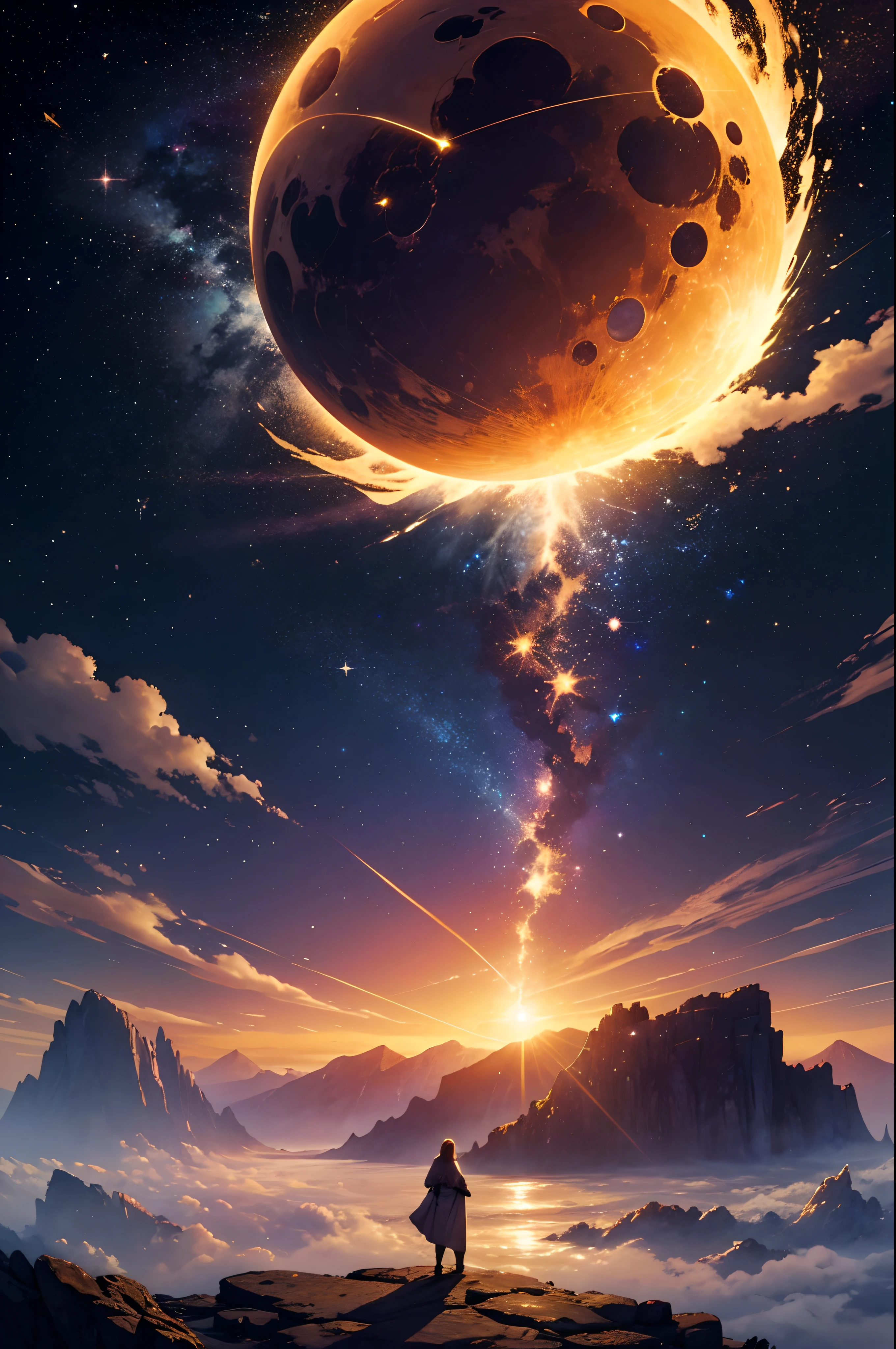 Landscape of the world and in the sky a series of constellations and magical entities, magic, stars, outside, eclipse, Light in the center coming from a burst of light, Sea with waves and sunset, Magnificent and beautiful dramatic scene, 8k, magnificent