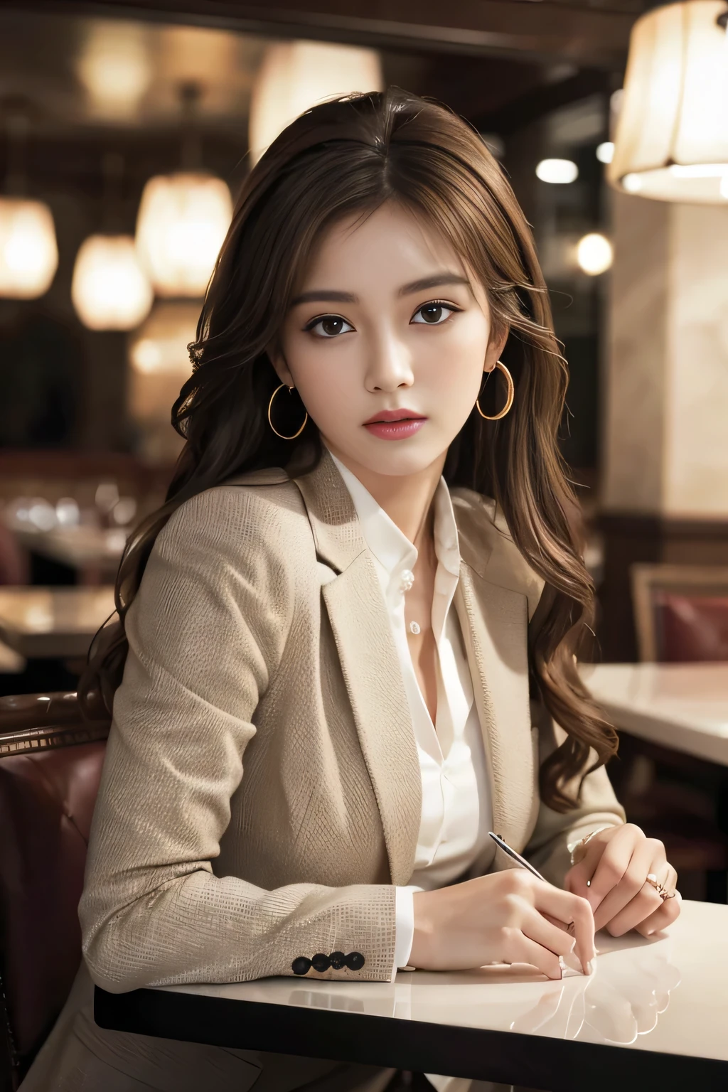 masterpiece, Highest quality, Realistic, Very detailed, Finer details, High resolution, 8k wallpaper, One beautiful woman, Wear a nice suit, In a great restaurant, At night, Light brown messy hair, Perfect dynamic composition, Beautiful and beautiful eyes、Big earrings、Sit on a chair