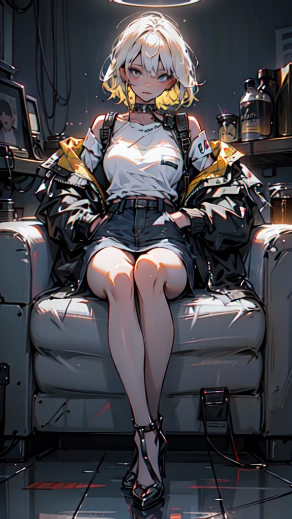 1 girl, short yellow hair, cyberpunk, Alice in Wonderland, black high heels, hand in pocket, best quality, 4k, 8k, highres, masterpiece:1.2, ultra-detailed, realistic, photorealistic, photo-realistic:1.37, HDR, UHD, studio lighting, ultra-fine painting, sharp focus, physically-based rendering, extreme detail description, professional, vivid colors, bokeh, concept art