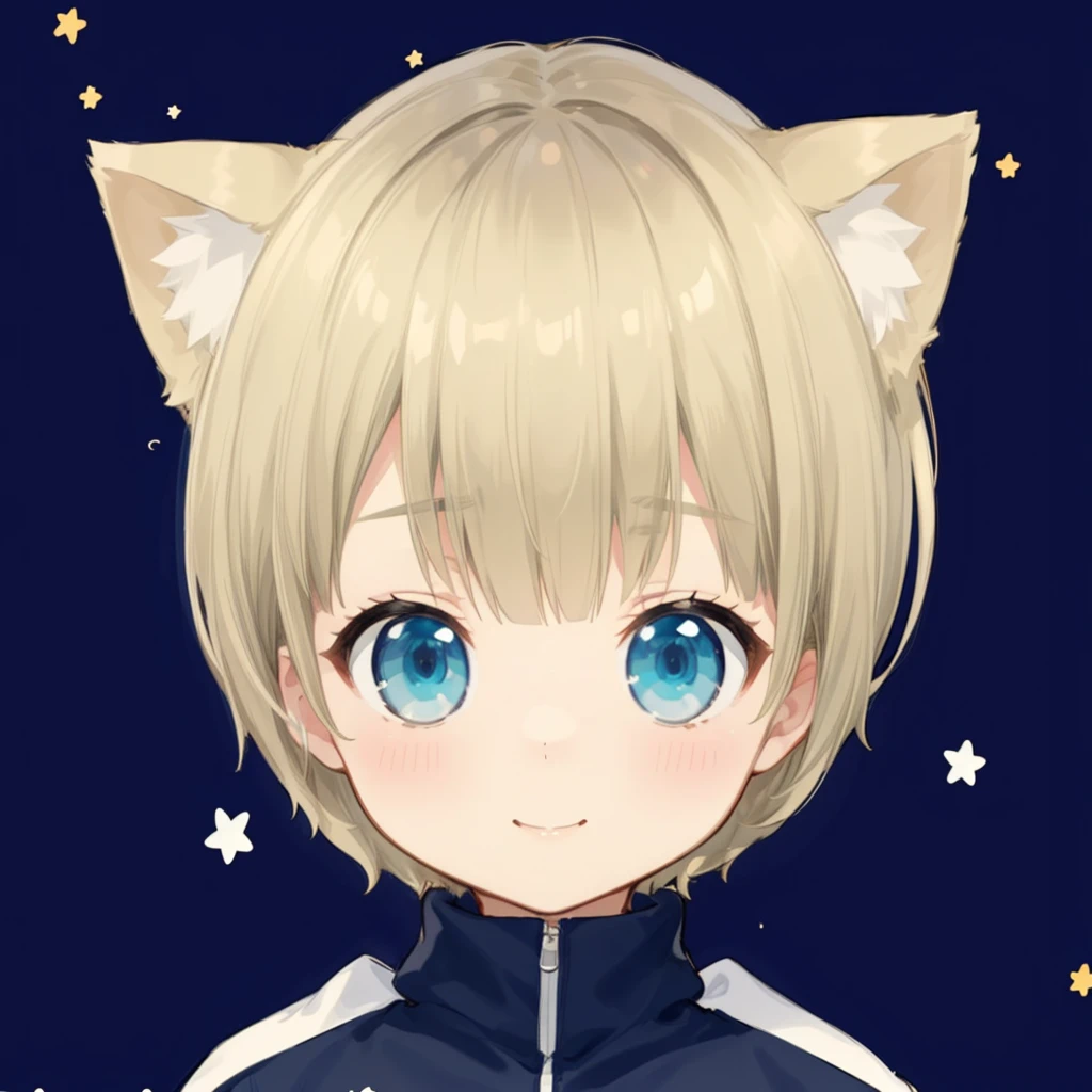 Blonde Hair、Shortcuts、Side hair is curled inward、Curly hair along the jawline、Navy blue jersey upper body_White line with thin yellow border from shoulder to wrist、Black shorts、barefoot, Little , Little, Laughter (Solo Girl)、Looking up、The camera is from above、、Please draw the fingers in detail、Turquoise Eyes、Aspect Ratio Auto Adjustment、Cat ear
