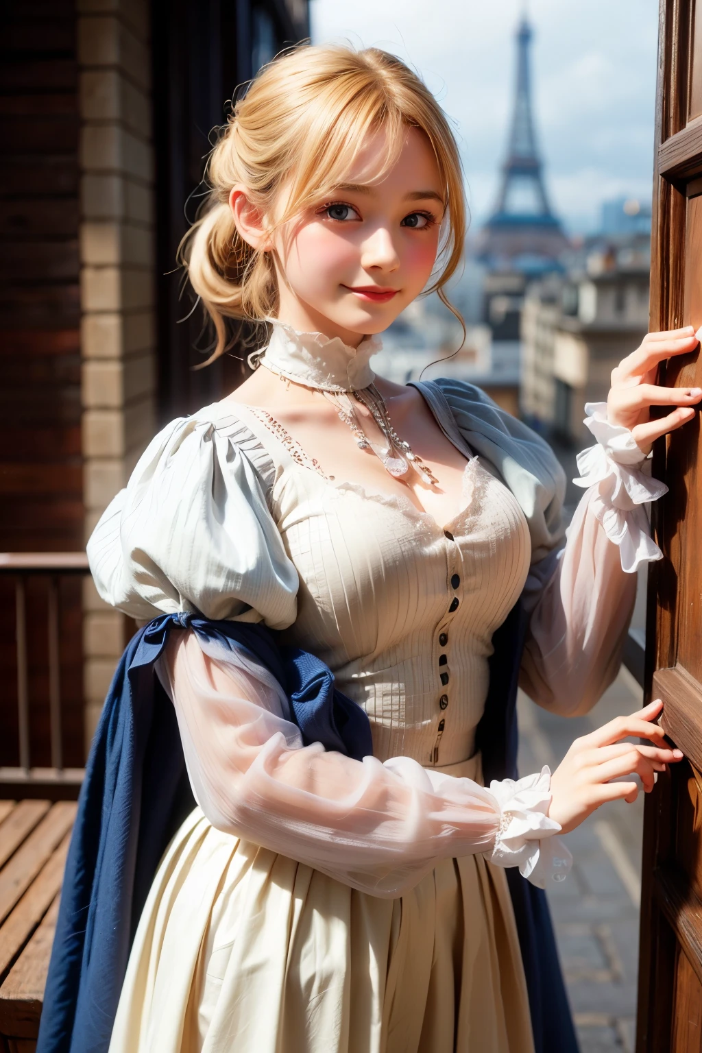 (8K, Highest quality, masterpiece: 1.2), Super detailed, Highest quality, Ultra-high resolution, Silky blonde, Professional Lighting,, Paris , Storm scene, Edwardian woman in white, watercolor ,smiling