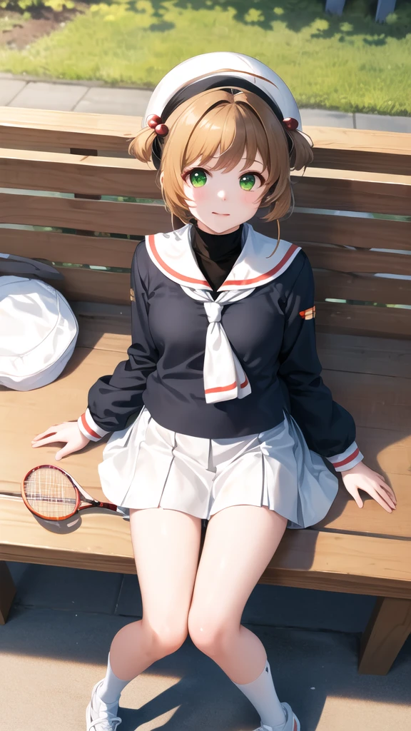 masterpiece, best quality, highres, kinomoto sakura, 1girl, brown hair, short hair, antenna hair, two side up, hair bobbles, green eyes, , white sailor collar, black shirt, long sleeves, white skirt, pleated skirt, sitting, eating, outdoors, bench, food, leaf, (masterpiece, best quality: 1.2),(very detailed face, real image, realistic skin, realistic body, intricate details),1 woman, Kinomoto Sakura, brown hair, alone, skirt, green eyes, Short hair, have, white skirt, white hat, Magic Girl, Antenna hair, laugh, serafuku, pleated skirt, dehisce, looking at viewer, cowboy shot, long sleeves, star (symbol), muffler, lie down in bed with both arms extended above the head and placed behind the pillow, anime girl lying down, expose plump breasts, whole body, plump thighs, Natural Pose, beautifully, cute, Fix errors without any awkwardness, tall, I have long legs, Wearing (tomoeda_초등school_school_Uniform),black top, tennis mini skirt,cry in shame, wearing white ankle socks, random sexy poses