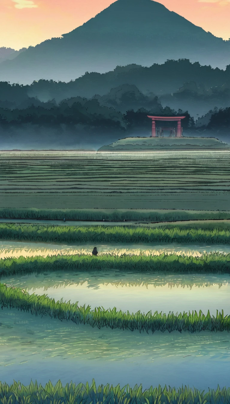 There is a stone torii gate on a mountain in the middle of a rice field in the countryside, and the view from there is so beautiful and purifying to the soul.、Beautiful view of the lake, rice fields and the evening sun、There are no street lights and it&#39;s really rural.、A little anime-like、detailed、high quality、high resolution、Lonely、