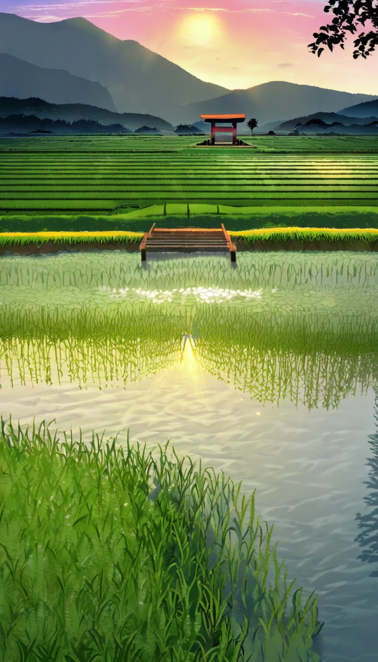 There is a stone torii gate on a mountain in the middle of a rice field in the countryside, and the view from there is so beautiful and purifying to the soul.、Beautiful view of the lake, rice fields and the evening sun、There are no street lights and it&#39;s really rural.、A little anime-like、detailed、high quality、high resolution、Lonely、