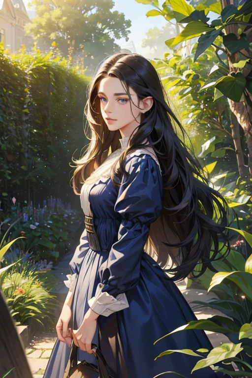 a woman with long wavy dark hair, beautiful detailed blue eyes, delicate features, wearing a navy blue dress, standing in a lush garden, 1800s aristocratic portrait, (best quality,4k,8k,highres,masterpiece:1.2),ultra-detailed,(realistic,photorealistic,photo-realistic:1.37),intricate details, cinematic lighting, dramatic colors, elegant, refined, graceful