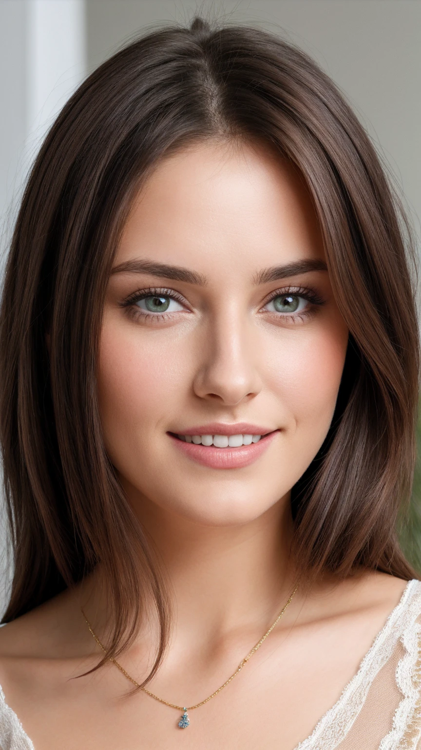 Belle brune, 28 ans, Visage innocent, cheveux ondulés naturels, yeux vert, résolution élevée, meilleur qualité, détails complexes, très détaillé, peau détaillée, texture de peau réaliste, texture, yeux détaillés, 4K, sourire charmant, photo de loin, éloigné, photo devant miroir, miroir