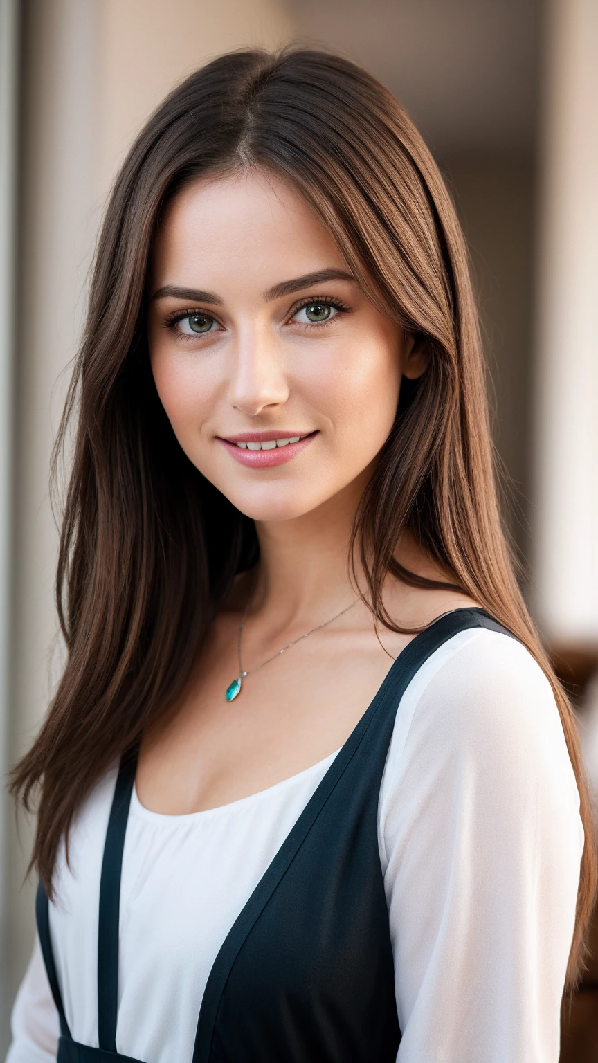 Belle brune, 28 ans, Visage innocent, cheveux ondulés naturels, yeux vert, résolution élevée, meilleur qualité, détails complexes, très détaillé, peau détaillée, texture de peau réaliste, texture, yeux détaillés, 4K, sourire charmant, photo de loin, éloigné, photo devant miroir, miroir