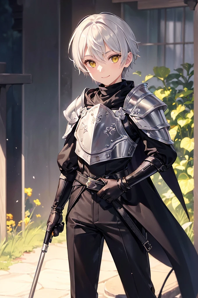 (masterpiece; best quality: 1.2), (finely detailed eyes: 1.3), ((1 male young kid)), ((solo)), (yellow eyes: 1.4), (adorable; short, slender: 1.3), (short white hair: 1.3), (beautiful and clear background: 1.2), ((depth of field)), (clothes: silver armor + black turtleneck + black pants + black cape + black gloves + satchel: 1.3), (anime illustration: 1.2), (background; garden exterior: 1.1), (extremely fine and handsome: 1.1), (shot composition; standing + close-up: 1.5), (expression; calm, smile: 1.2)