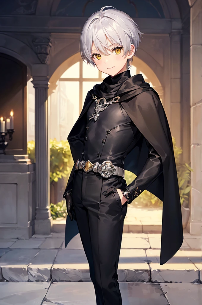 (masterpiece; best quality: 1.2), (finely detailed eyes: 1.3), ((1 male young kid)), ((solo)), (yellow eyes: 1.4), (adorable; short, slender: 1.3), (short white hair: 1.3), (beautiful and clear background: 1.2), ((depth of field)), (clothes: silver armor + black turtleneck + black pants + black cape + black gloves + satchel: 1.3), (anime illustration: 1.2), (background; garden exterior: 1.1), (extremely fine and handsome: 1.1), (shot composition; standing + close-up: 1.5), (expression; calm, smile: 1.2)