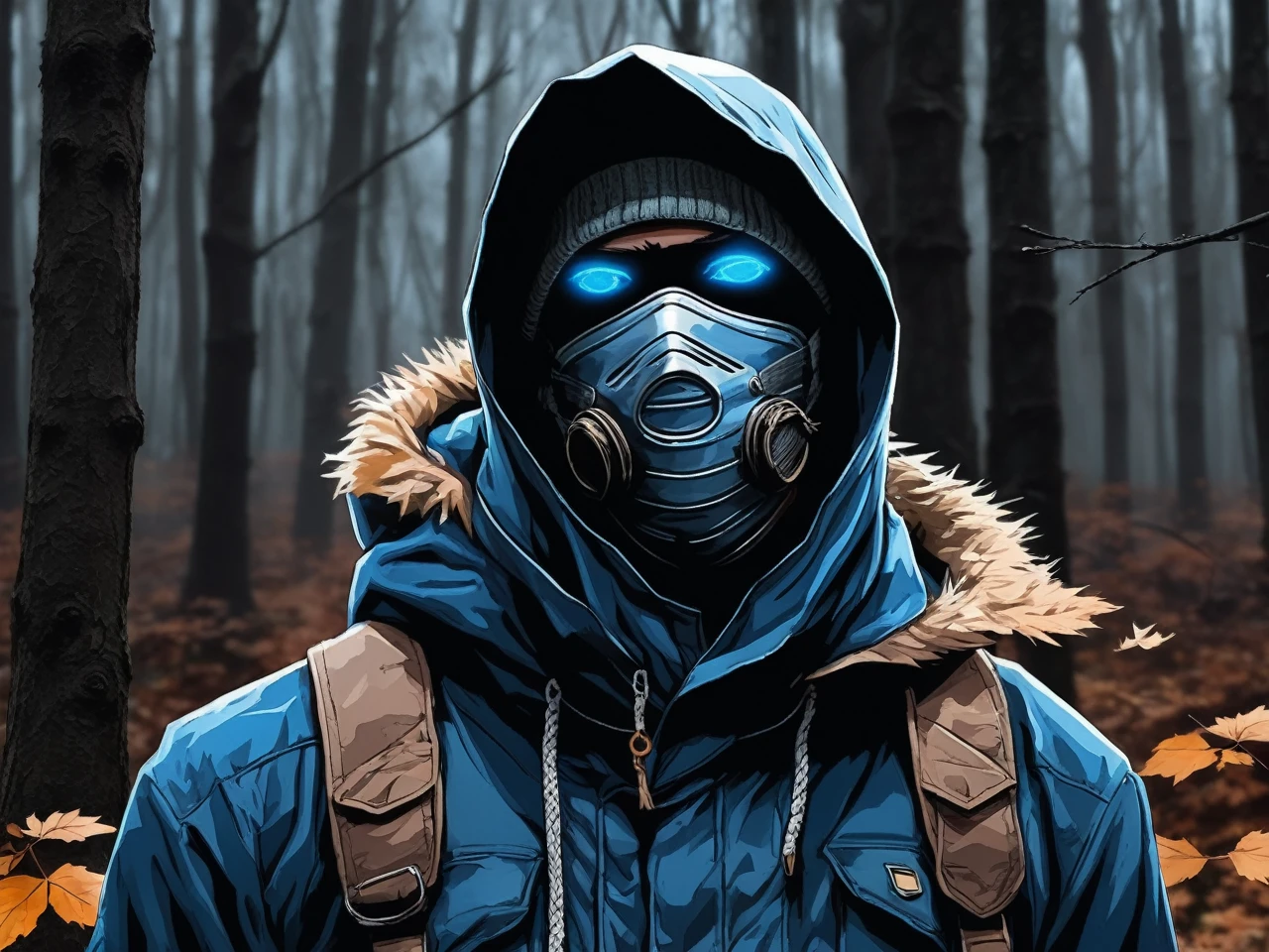 Anime realaitic art-style, Man with blue eyes worn a hood and a cloth mask covering the nose and mouth look lost, background a forest with trees with high trunk and few leaves, it seems to be cold they wear a mountaineer outfit esvaldor for cold momwntos the colors are erased looks like a dark environment