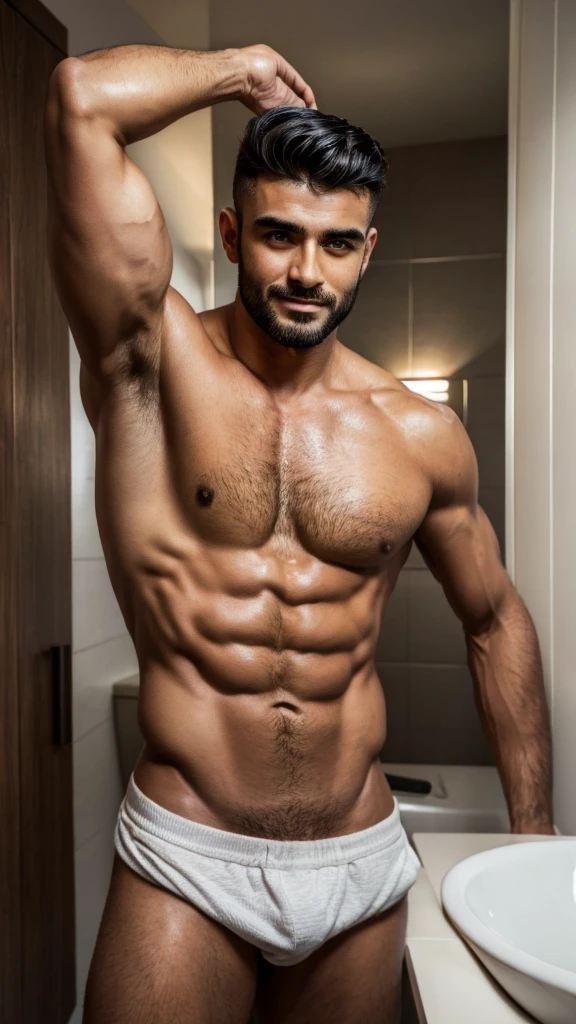 real image of a 30 year old handsome model Turkish man with short barber cut hair without a shirt in the bathroom