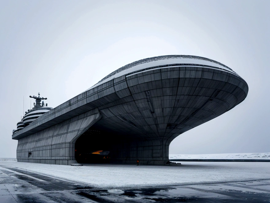 On a frozen planet, an alien spaceship of futuristic war and organic design is parked on the icy surface. The ship has an imposing structure with curved shapes, Several alien crew members are descending an extended ramp from the ship with spacesuits adapted to the icy environment., showing advanced and incomprehensible technologies. In the background, a brutalist minimalist concrete station is erected. The station has straight and robust lines, with a solid and monolithic appearance, contrasting with the icy surroundings. The structure is simple but imposing. cinematic lighting, very high resolution, 4K hyper realistic image
