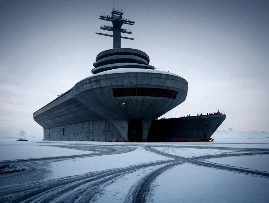 On a frozen planet, an alien spaceship of futuristic war and organic design is parked on the icy surface. The ship has an imposing structure with curved shapes, Several alien crew members are descending an extended ramp from the ship with spacesuits adapted to the icy environment., showing advanced and incomprehensible technologies. In the background, a brutalist minimalist concrete station is erected. The station has straight and robust lines, with a solid and monolithic appearance, contrasting with the icy surroundings. The structure is simple but imposing. cinematic lighting, very high resolution, 4K hyper realistic image
