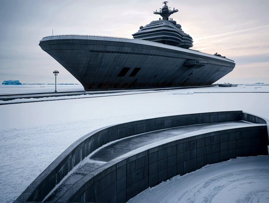 On a frozen planet, an alien spaceship of futuristic war and organic design is parked on the icy surface. The ship has an imposing structure with curved shapes, Several alien crew members are descending an extended ramp from the ship with spacesuits adapted to the icy environment., showing advanced and incomprehensible technologies. In the background, a brutalist minimalist concrete station is erected. The station has straight and robust lines, with a solid and monolithic appearance, contrasting with the icy surroundings. The structure is simple but imposing. cinematic lighting, very high resolution, 4K hyper realistic image
