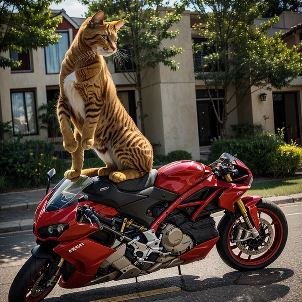 A yellow cat,Riding a red Ducati,Photorealistic feeling,Real-life cat,The picture has strong contrast,