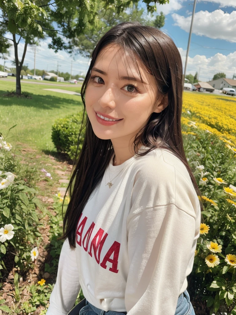 rie,One Woman,(best quality), (ultra detailed), (absolutely resolution),Face is front, 28 years old, Staring up at someone, Striped shirt and denim shorts, The color of the clothes is red, The pattern on the clothes is satin, Black Hair, smile, A meadow surrounded by flower fields