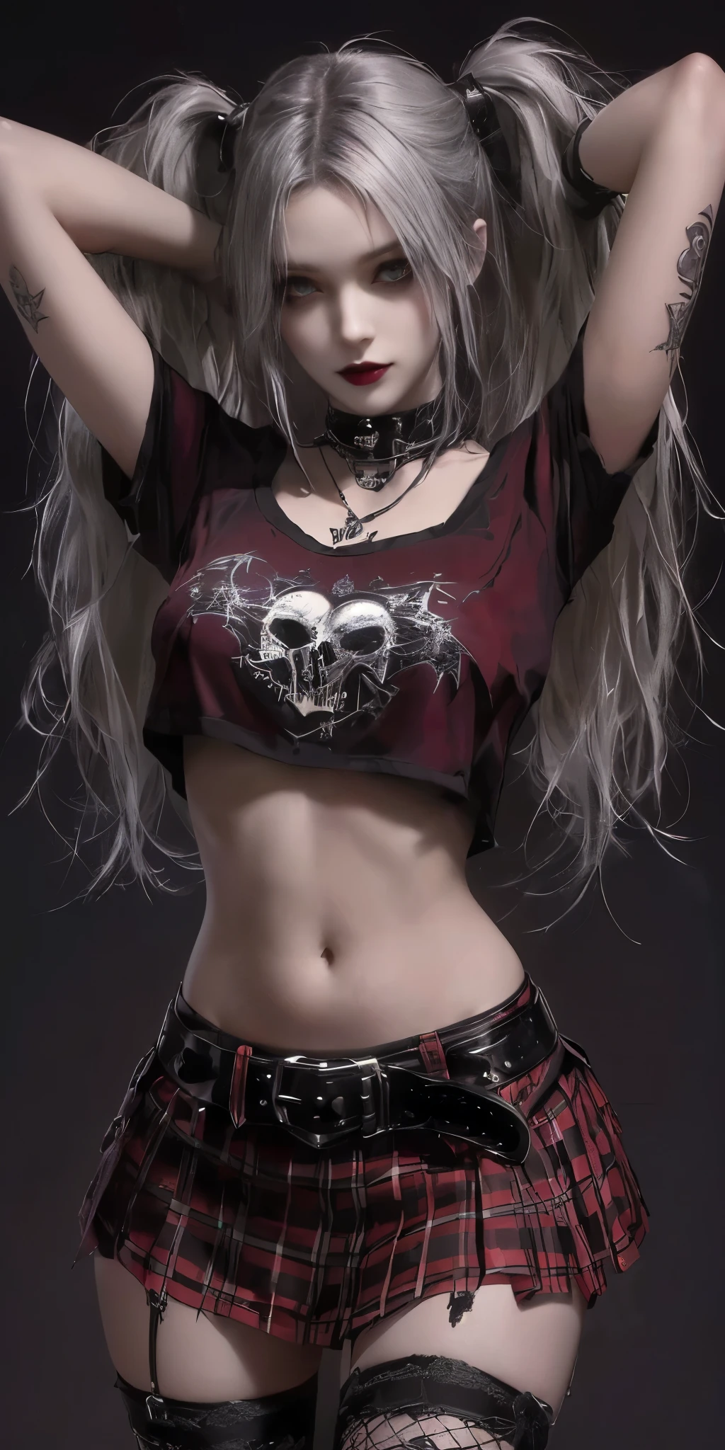 a close up of a woman in a short skirt and shirt, smile cute, seductive cyberpunk dark fantasy, goth girl, skulls on their hips, goth girl, gothic fantasy art, heavy metal style, in style of anne stokes, Vampire girl, beautiful necromancer girl, Gothic, gothic clothes, top model Gothic muito lindo, gothic art