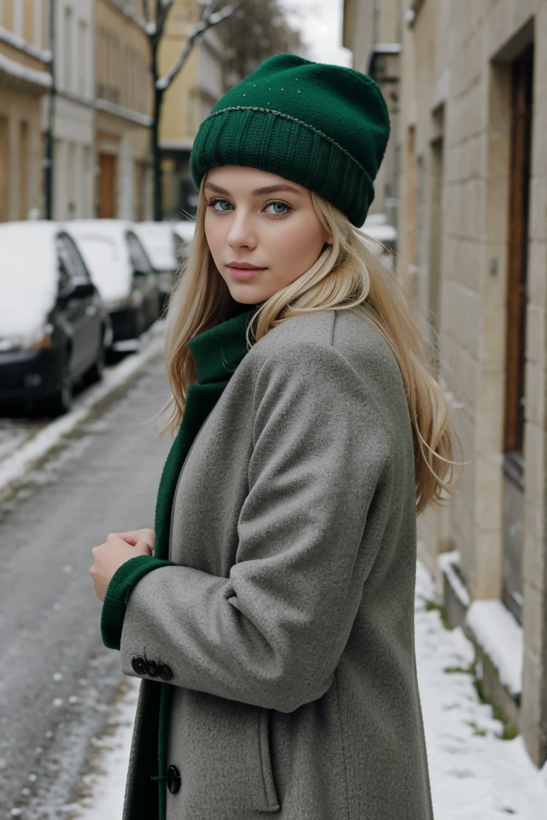 Belle femme européenne, blond hair, green eyes, 25 ans en hiver, big coat and hat, everyone's body is covered in snow