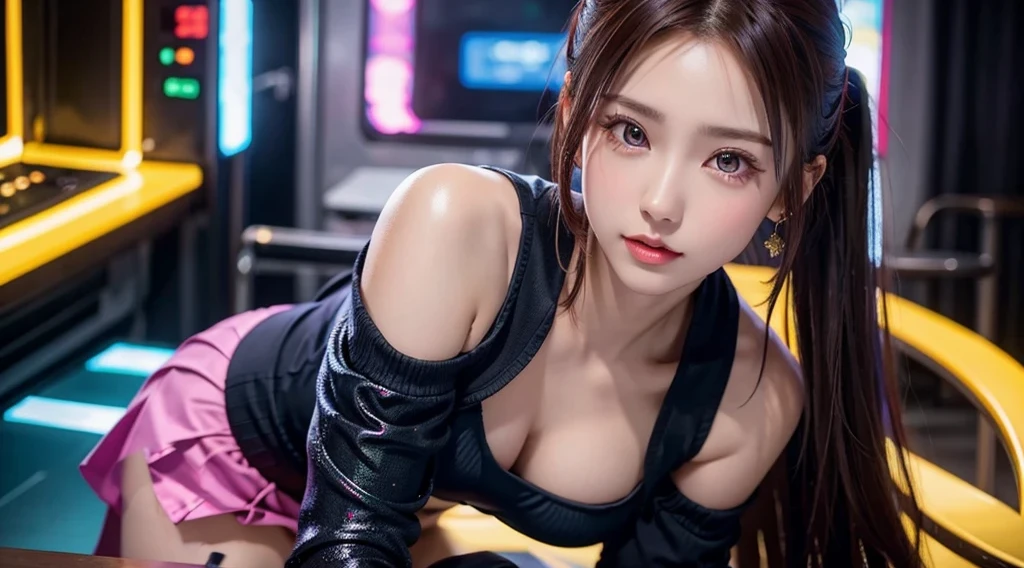 ((Tabletop)), Highest quality, Absurd, Ultra-detailed, Holographic, Cowboy Shot, Golden Ratio, Very cute girl, Mature Girls, idle girl, Super beautiful Asian girl with gorgeous purple eyes, Beautiful shiny brown multicolored hair, High Ponytail, nice and sexy body, The body is slim, Perfect body, Wearing a super tight leotard, Super tight off-the-shoulder long sleeve crop top, Super aesthetic transparent mini jacket, Beautiful hair ornaments, pink jordan tennis, Black, unkempt, shiny hair, arcade game、mini skirt