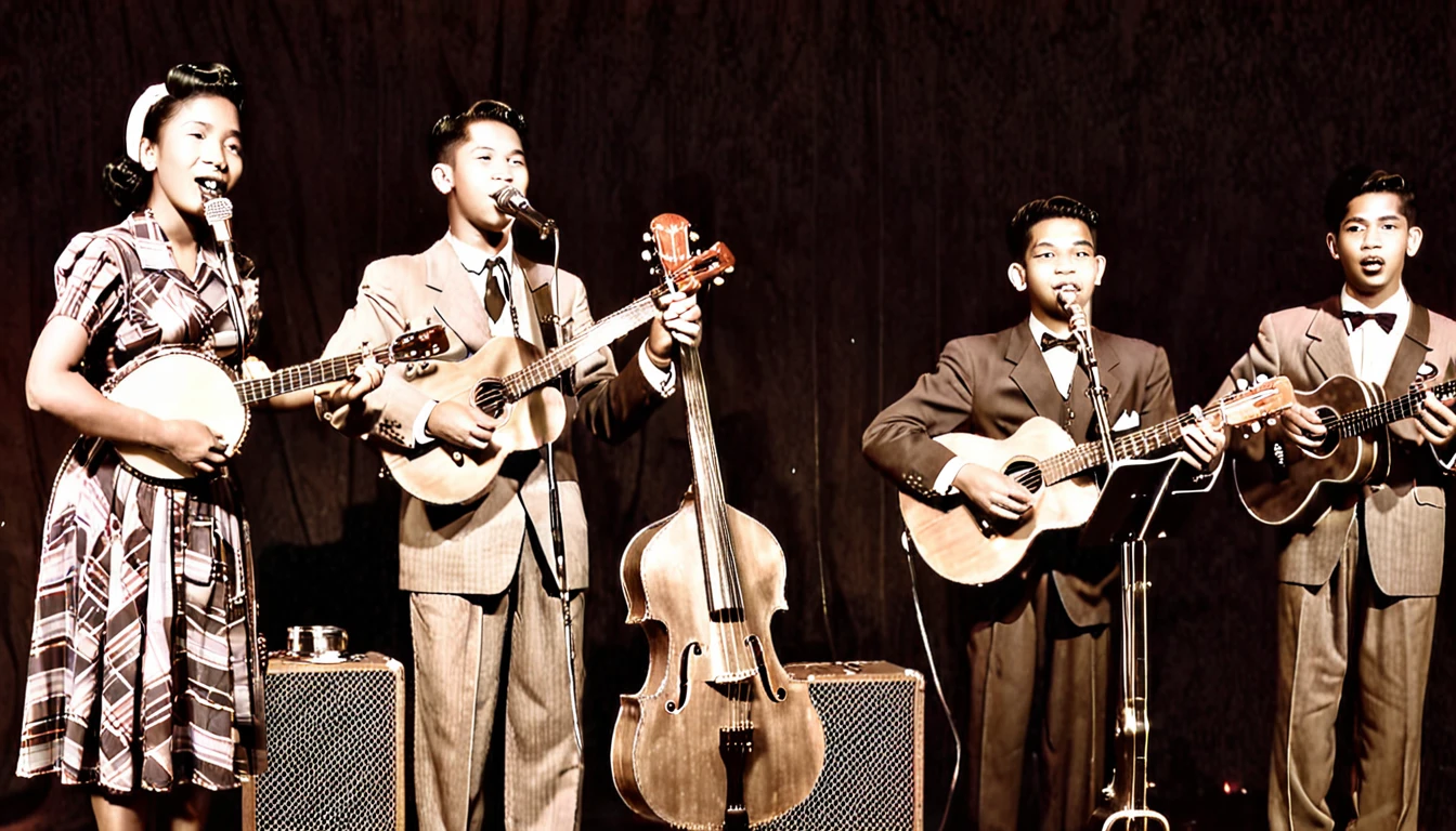 in 1945 a Malay acoustic band ((all man)) ((age17)) performing on stage. complete dress up 1940's fashion. 1940's classic microphone, Ukulele, double bass. they are performing with all their hearts to win the singing competition. hyper realistic image, ultra wide angle, color film look ((wes henderson))((alexa Arri)).