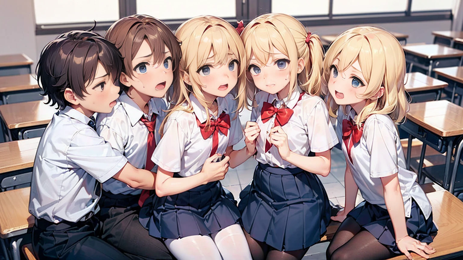 Highest quality,Highest quality,One girl,Multiple Boys,((((10 years old)))),  Surrounded,Flat Chest,orgasm,blush, Sweat, Sakurai Momoka,Blonde,White Sarah Outfit,Navy Blue Skirt, Not a pleated skirt,whole body,classroom, Grey pantyhose、Flipping up a navy blue skirt、Spread your legs