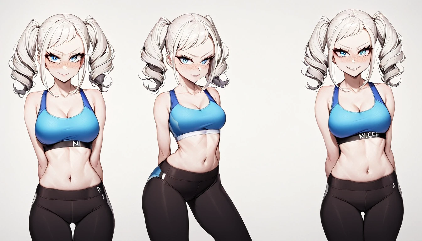 1 Girl, Sports Bra , Yoga Pants, Medium , Blue Eyes, Platinum White Hair, Twin Tail Hair Style, Pale White Skin, Smooth Skin, Face Freckles, Nice Cleavagy, Sexy, Sassy, Sming, Tease, Teasing