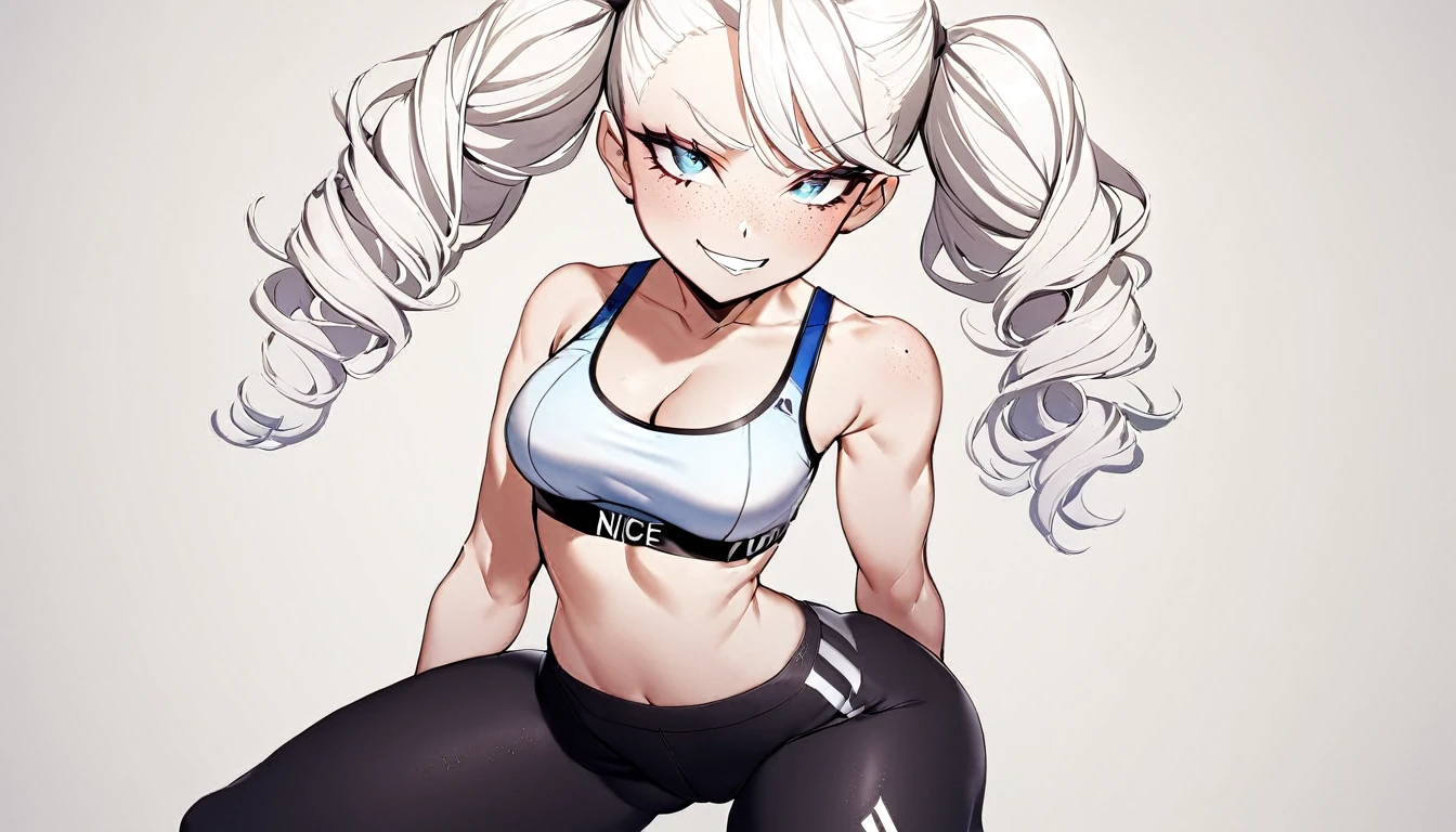 1 Girl, Sports Bra , Yoga Pants, Medium Breasts, Blue Eyes, Platinum White Hair, Twin Tail Hair Style, Pale White Skin, Smooth Skin, Face Freckles, Nice Cleavage, Slutty, Sexy, Sassy, Smirking, Tease, Teasing
