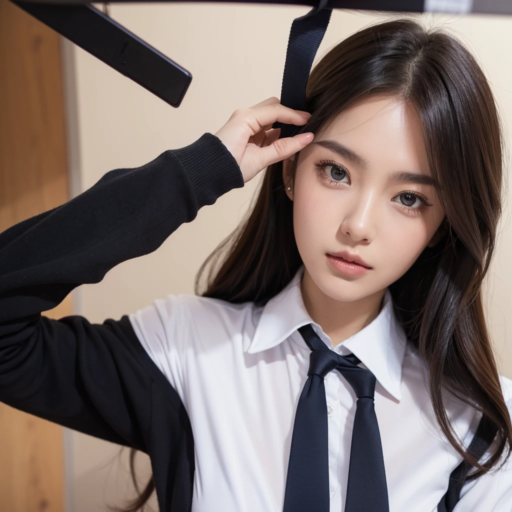Front camera selfies, the tie's hair, transparent clothes, her nipples stand out and her breasts are visible under the transparent clothes