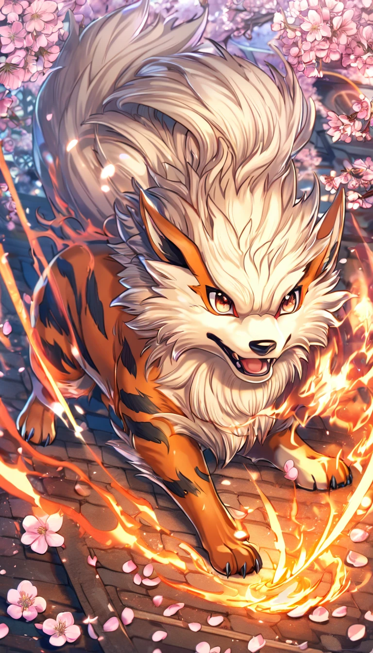 absurdres, highres, ultra detailed, HDR, master piece, Arcanine, Pokemon, extremely cute, best quality, blossoms, pink petals, pink flowers, fantasy, magical, solo, magic, fire