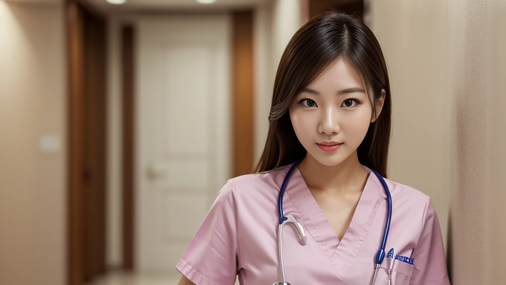 medium shot, (dancing:1.4), Beautiful Korean female doctor wearing pink scrubs, beautiful detailed face, Korean woman, pale skin, realistic skin, detailed cloth texture, detailed hair texture, Perfect proportion, Beautiful Face, accurate, Anatomically correct, Highly detailed face and skin texture, looking at viewer