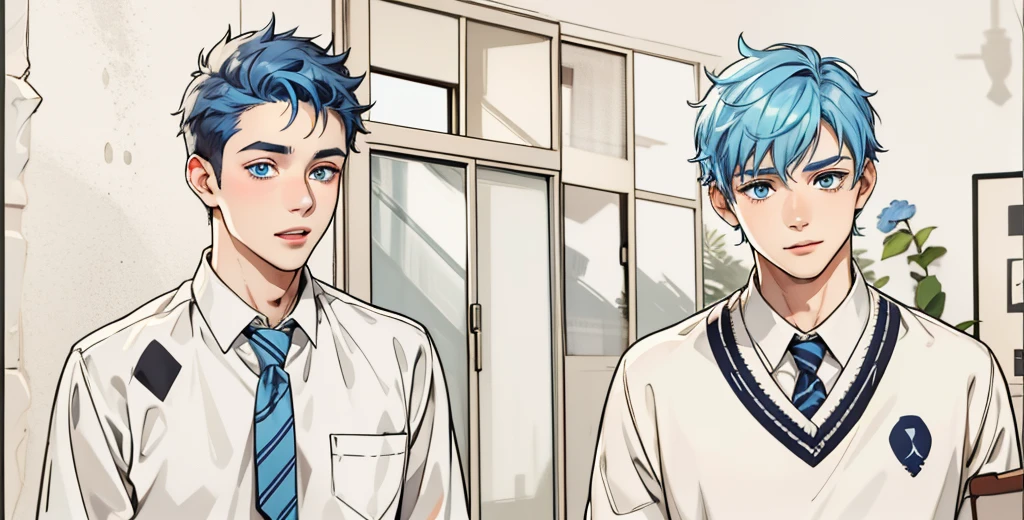 two cute boys with blue hair and the other with black hair and blue eyes