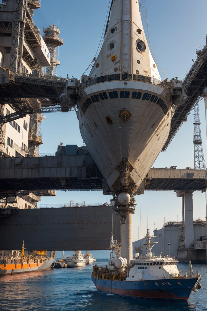 a spacecraft wrapped in truss of an space shipyard drydock with tugs and EVA astronauts all around repairing it, masterpiece, best, photo realistic shipyard scene