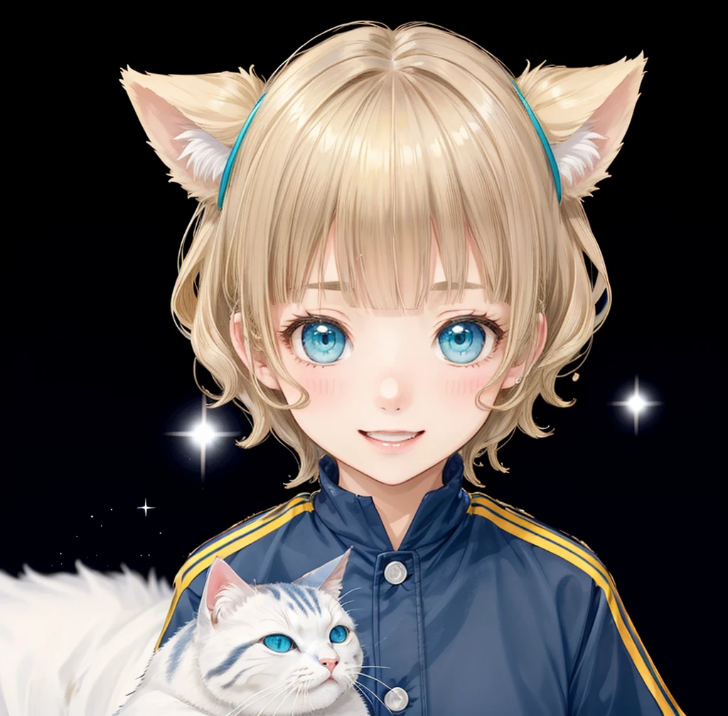 First Job, Better Quality, 1. garota Laughter、Blonde Hair、Shortcuts、Side hair is curled inward、Curly hair along the jawline、Navy blue jersey upper body_White line with thin yellow border from shoulder to wrist、Black shorts、barefoot, Little , Little, Laughter (Solo Girl)、Looking up、The camera is from above、、Please draw the fingers in detail、Turquoise Eyes、Cat ear