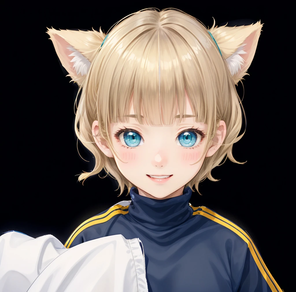 First Job, Better Quality, 1. garota Laughter、Blonde Hair、Shortcuts、Side hair is curled inward、Curly hair along the jawline、Navy blue jersey upper body_White line with thin yellow border from shoulder to wrist、Black shorts、barefoot, Little , Little, Laughter (Solo Girl)、Looking up、The camera is from above、、Please draw the fingers in detail、Turquoise Eyes、Cat ear