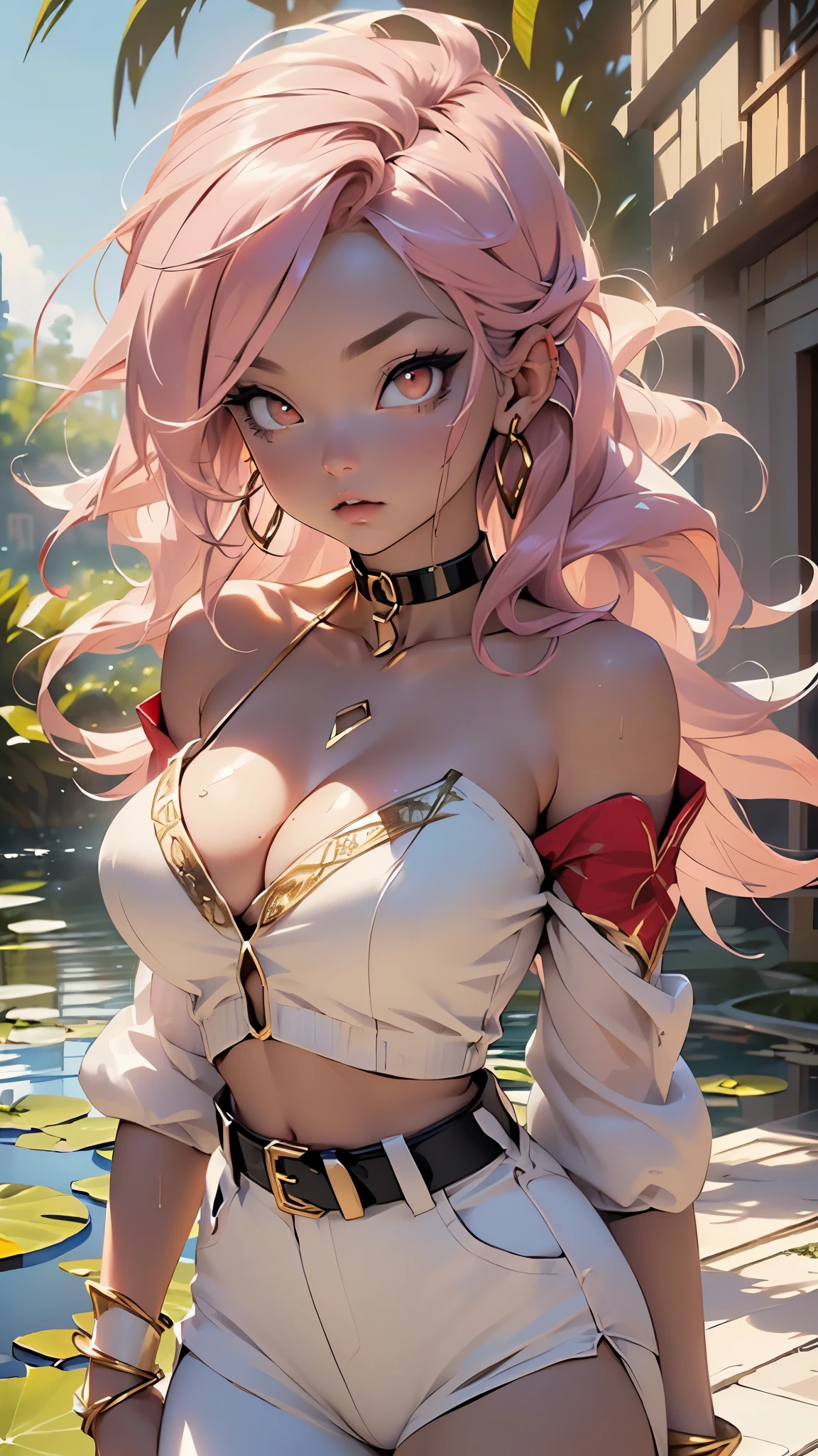 (((Android-21 from Dragon Ball Z))),Android 21 majin,girl,(((1girl))),mature girl,
(((tail))),(large breasts:1.4),saggy breasts,(((light pink hair,spiked hair,long hair,messy hair)),(((black sclera,colored sclera,red_eyes:1.3))),intricate eyes,beautiful detailed eyes,symmetrical eyes,big eyes:1.3,((fat)),(((colored skin:1.2,pink skin:1.2,lustrous skin:1.5,bright skin: 1.5,skin tanned,shiny skin,very shiny skin,shiny body,plastic glitter skin,exaggerated shiny skin,illuminated skin,wet legs))),(bimbo body,spider lower abdomen,narrow waist,wide hip,athletic body,inflated legs, thick thighs,detailed body,(detailed face)),big ass, thick thighs, slim curves, good anatomy,thick legs,
cute,slutty,seductive,erotic,(nsfw),
(((black tube top, dark tube top))),((detached sleeves, black sleeves)),(earrings,hoop earrings),(navel,midriff),((white genie pants:1.3,white Aladdin pants,Thai pants)),((golden bracelets,golden choker:1.2,gold belt:1.3)),((huge cleavage)),
(dynamic pose:1.0),solo focus,,(centered,scale to fit dimensions,Rule of thirds),
outdoors,(Arab palace,Arab palace background,pyramids in the background),scenery,(oasis,oasis background),extremely scenery,(puddles everywhere,moss,moss on the background),clouds,Arab style,Arab castle,lily pads,palms,reeds,(sunset, golden hour),
(Glossy Arab ornaments),highres,sharp focus,(ultra detailed,extremely detailed),(photorealistic artwork:1.37),(extremely detailed CG unity 8k wallpaper),(((vibrant colors,vibrant theme))),(intricate),(masterpiece),(best quality),artistic photography,(photography taken by sldr),(intricate background),perfect rendered face,perfect face details,realistic face,photo realistic,((intricate detail)),(((realism))),