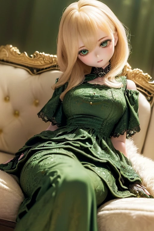 photorealistic, realistic photo, ((highest quality)), ((masterpiece)), (extremely detailed), kukolnydom, doll, (mature woman:1.6), solo, sitting on sofa, green eyes, (reclining on sofa, looking away, blank eyes, empty eyes, detailed eyes:1.3), (light smile), dress, museum, 8k