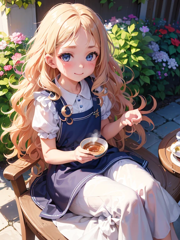 (8K, Highest quality, tableトップ:1.2), Ultra-high resolution, 7-year-old girl, Perfect Fingers, Detailed face, smile, blue eyes, Blonde, (wavy hair:1.5), (Blue Apron Dress), garden, flower bed, table, tableクロス, Black tea, Tea cup, cake, (Sit on a chair)